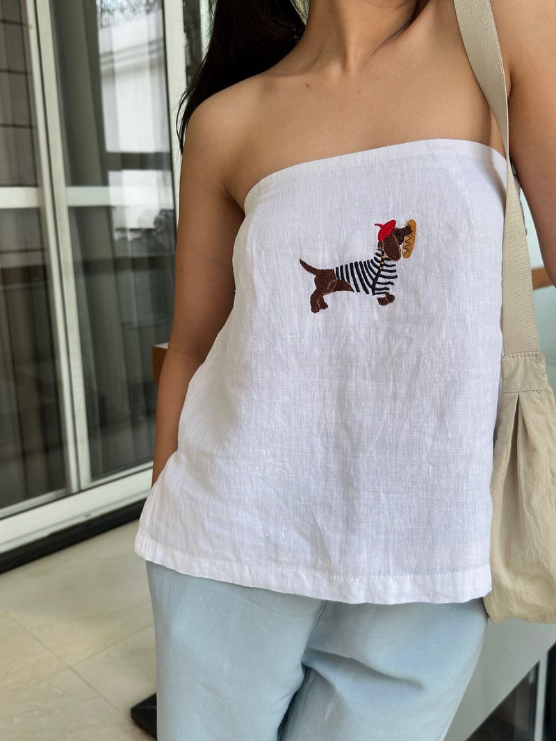 Pure Linen Bandeau Top with Dog Embroidery